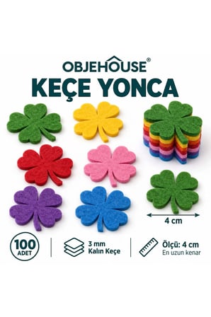 Objehouse Keçe Yonca Süsleme Figürü, 100 Adet, 4 cm, 3 mm Kalın Keçe