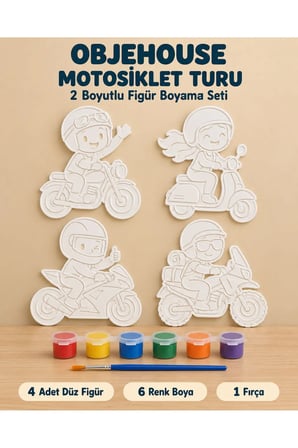 Objehouse Motosiklet Turu 2 Boyutlu Boyama Seti, 4 Figür, 6 Renk Boya, 1 Fırça