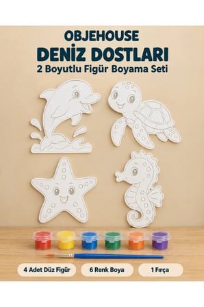 Objehouse Deniz Dostları 2 Boyutlu Boyama Seti, 4 Figür, 6 Renk Boya, 1 Fırça