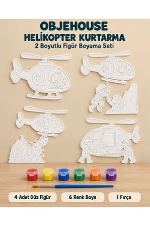 Objehouse Helikopter Kurtarma 2 Boyutlu Boyama Seti, 4 Figür, 6 Renk Boya, 1 Fırça