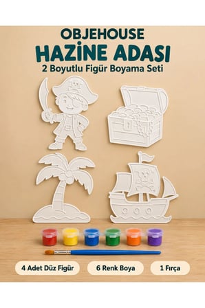 Objehouse Hazine Adası 2 Boyutlu Boyama Seti, 4 Figür, 6 Renk Boya, 1 Fırça