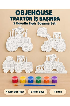 Objehouse Traktör İş Başında 2 Boyutlu Boyama Seti, 4 Figür, 6 Renk Boya, 1 Fırça