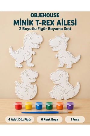 Objehouse Minik T-Rex Ailesi 2 Boyutlu Boyama Seti, 4 Figür, 6 Renk Boya, 1 Fırça