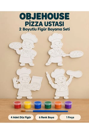 Objehouse Pizza Ustası 2 Boyutlu Boyama Seti, 4 Figür, 6 Renk Boya, 1 Fırça