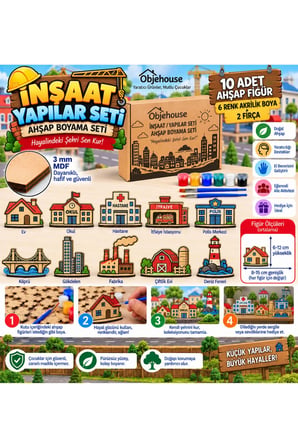 Objehouse İnşaat ve Yapılar Ahşap Boyama Seti, 10 MDF Figür, 6 Renk Boya, 2 Fırça