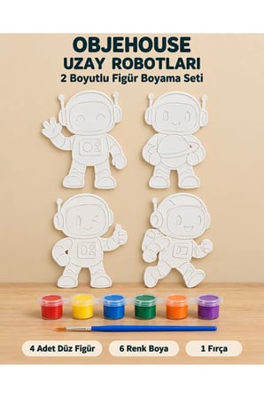 Objehouse Uzay Robotları 2 Boyutlu Boyama Seti, 4 Figür, 6 Renk Boya, 1 Fırça