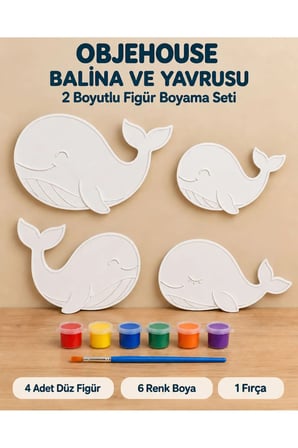 Objehouse Balina ve Yavrusu 2 Boyutlu Boyama Seti, 4 Figür, 6 Renk Boya, 1 Fırça