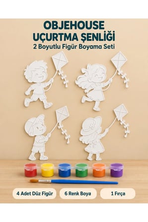Objehouse Uçurtma Şenliği 2 Boyutlu Boyama Seti, 4 Figür, 6 Renk Boya, 1 Fırça