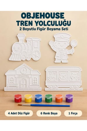 Objehouse Tren Yolculuğu 2 Boyutlu Boyama Seti, 4 Figür, 6 Renk Boya, 1 Fırça