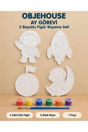 Objehouse Ay Görevi 2 Boyutlu Boyama Seti, 4 Figür, 6 Renk Boya, 1 Fırça