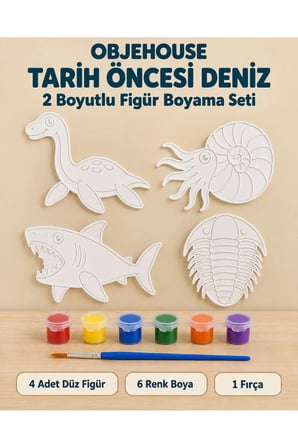 Objehouse Tarih Öncesi Deniz 2 Boyutlu Boyama Seti, 4 Figür, 6 Renk Boya, 1 Fırça