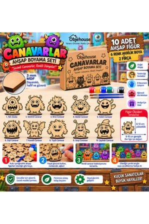 Objehouse Canavarlar Ahşap Boyama Seti, 10 MDF Figür, 6 Renk Boya, 2 Fırça