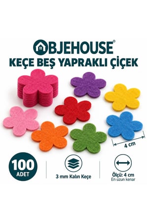 Objehouse Keçe Beş Yapraklı Çiçek Süsleme Figürü, 100 Adet, 4 cm, 3 mm Kalın Keçe