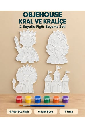 Objehouse Kral ve Kraliçe 2 Boyutlu Boyama Seti, 4 Figür, 6 Renk Boya, 1 Fırça