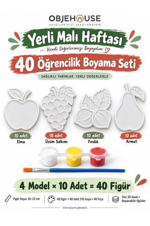 Objehouse Yerli Malı Haftası 40 Öğrencilik Boyama Seti, 4 Model 40 Figür, Boya ve Fırça