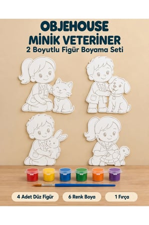 Objehouse Minik Veteriner 2 Boyutlu Boyama Seti, 4 Figür, 6 Renk Boya, 1 Fırça