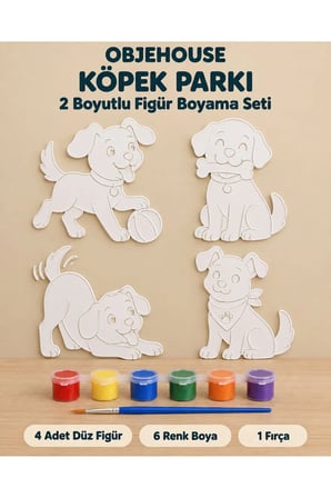Objehouse Köpek Parkı 2 Boyutlu Boyama Seti, 4 Figür, 6 Renk Boya, 1 Fırça