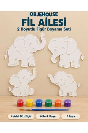 Objehouse Fil Ailesi 2 Boyutlu Boyama Seti, 4 Figür, 6 Renk Boya, 1 Fırça
