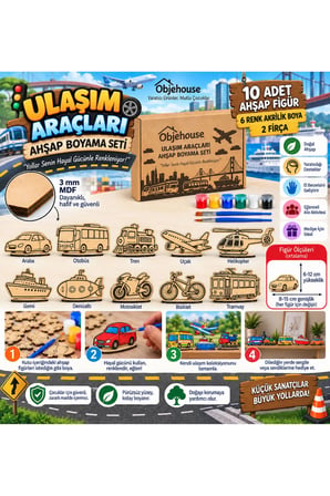 Objehouse Ulaşım Araçları Ahşap Boyama Seti, 10 MDF Figür, 6 Renk Boya, 2 Fırça