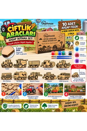 Objehouse Çiftlik Araçları Ahşap Boyama Seti, 10 MDF Figür, 6 Renk Boya, 2 Fırça