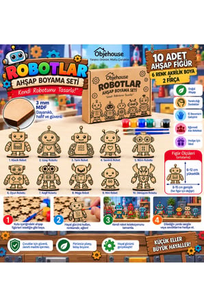Objehouse Robotlar Ahşap Boyama Seti, 10 MDF Figür, 6 Renk Boya, 2 Fırça