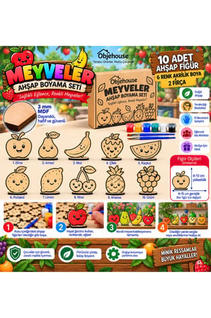Objehouse Meyveler Ahşap Boyama Seti, 10 MDF Figür, 6 Renk Boya, 2 Fırça