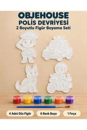 Objehouse Polis Devriyesi 2 Boyutlu Boyama Seti, 4 Figür, 6 Renk Boya, 1 Fırça