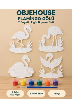 Objehouse Flamingo Gölü 2 Boyutlu Boyama Seti, 4 Figür, 6 Renk Boya, 1 Fırça