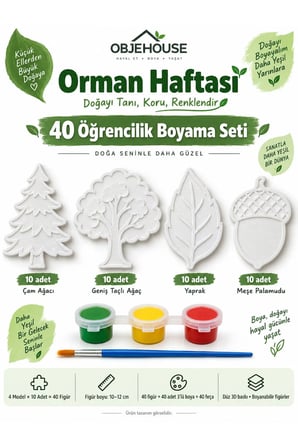 Objehouse Orman Haftası 40 Öğrencilik Boyama Seti, 4 Model 40 Figür, Boya ve Fırça
