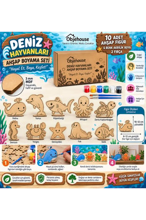 Objehouse Deniz Hayvanları Ahşap Boyama Seti, 10 MDF Figür, 6 Renk Boya, 2 Fırça
