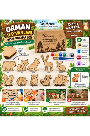 Objehouse Orman Hayvanları Ahşap Boyama Seti, 10 MDF Figür, 6 Renk Boya, 2 Fırça