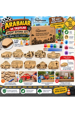 Objehouse Arabalar ve Taşıtlar Ahşap Boyama Seti, 10 MDF Figür, 6 Renk Boya, 2 Fırça