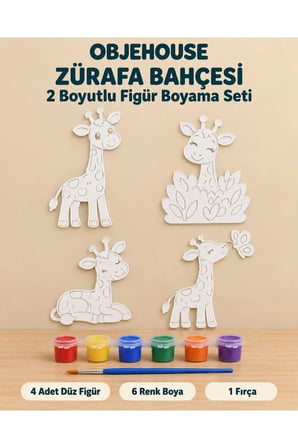 Objehouse Zürafa Bahçesi 2 Boyutlu Boyama Seti, 4 Figür, 6 Renk Boya, 1 Fırça