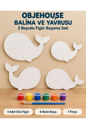 Objehouse Balina ve Yavrusu 2 Boyutlu Boyama Seti, 4 Figür, 6 Renk Boya, 1 Fırça