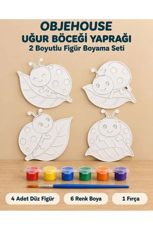 Objehouse Uğur Böceği Yaprağı 2 Boyutlu Boyama Seti, 4 Figür, 6 Renk Boya, 1 Fırça