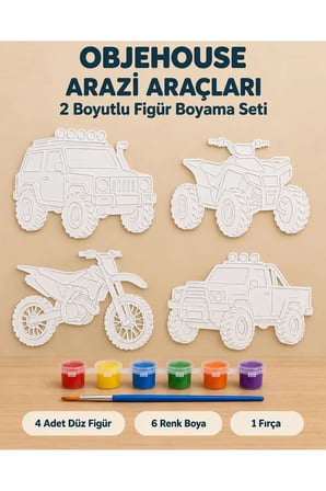 Objehouse Arazi Araçları 2 Boyutlu Boyama Seti, 4 Figür, 6 Renk Boya, 1 Fırça