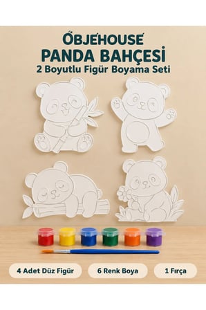 Objehouse Panda Bahçesi 2 Boyutlu Boyama Seti, 4 Figür, 6 Renk Boya, 1 Fırça