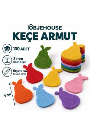 Objehouse Keçe Armut Süsleme Figürü, 100 Adet, 5 cm, 3 mm Kalın Keçe