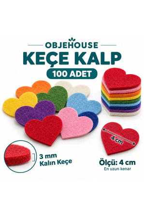 Objehouse Keçe Kalp Süsleme Figürü, 100 Adet, 4 cm, 3 mm Kalın Keçe