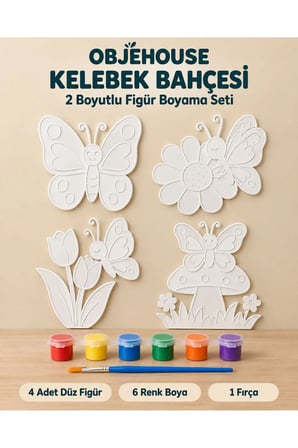 Objehouse Kelebek Bahçesi 2 Boyutlu Boyama Seti, 4 Figür, 6 Renk Boya, 1 Fırça