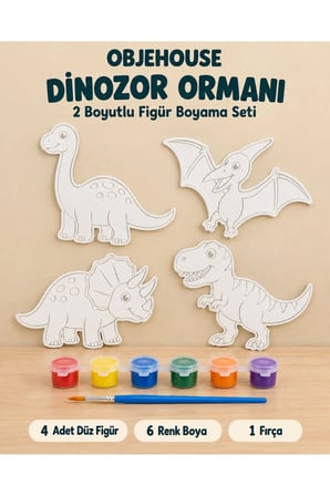 Objehouse Dinozor Ormanı 2 Boyutlu Boyama Seti, 4 Figür, 6 Renk Boya, 1 Fırça