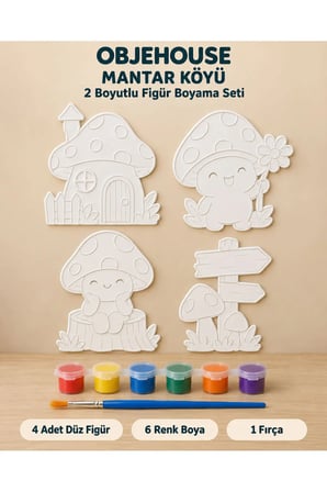 Objehouse Mantar Köyü 2 Boyutlu Boyama Seti, 4 Figür, 6 Renk Boya, 1 Fırça