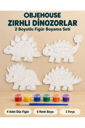 Objehouse Zırhlı Dinozorlar 2 Boyutlu Boyama Seti, 4 Figür, 6 Renk Boya, 1 Fırça