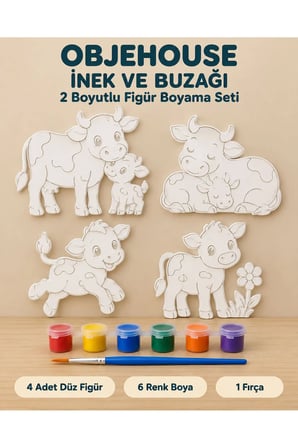 Objehouse İnek ve Buzağı 2 Boyutlu Boyama Seti, 4 Figür, 6 Renk Boya, 1 Fırça