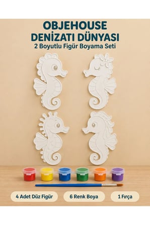 Objehouse Denizatı Dünyası 2 Boyutlu Boyama Seti, 4 Figür, 6 Renk Boya, 1 Fırça