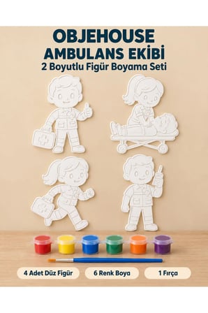 Objehouse Ambulans Ekibi 2 Boyutlu Boyama Seti, 4 Figür, 6 Renk Boya, 1 Fırça
