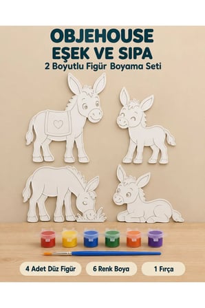 Objehouse Eşek ve Sıpa 2 Boyutlu Boyama Seti, 4 Figür, 6 Renk Boya, 1 Fırça