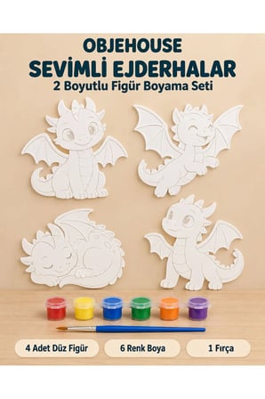 Objehouse Sevimli Ejderhalar 2 Boyutlu Boyama Seti, 4 Figür, 6 Renk Boya, 1 Fırça