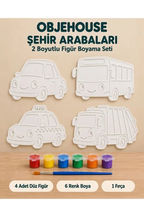 Objehouse Şehir Arabaları 2 Boyutlu Boyama Seti, 4 Figür, 6 Renk Boya, 1 Fırça