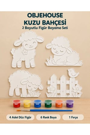 Objehouse Kuzu Bahçesi 2 Boyutlu Boyama Seti, 4 Figür, 6 Renk Boya, 1 Fırça